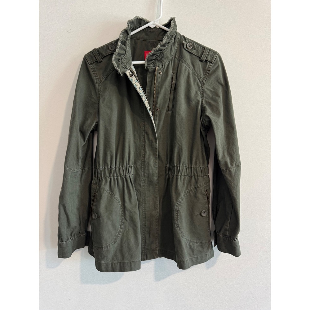 Elle Utility Field Jacket Women S Olive Green Ruffle Collar Floral‎ Trim